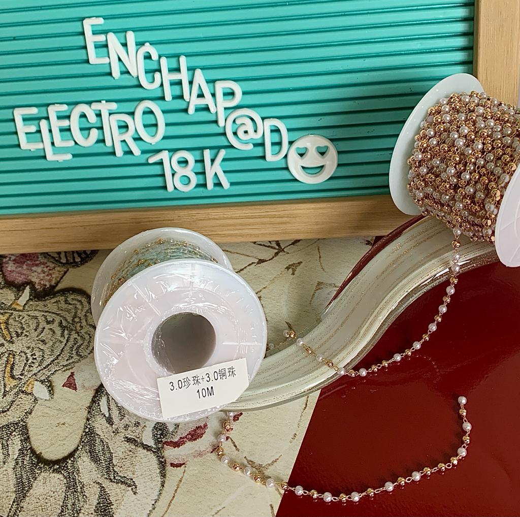 CADENA ELECTROENCHAPADO 18K PERLA Y SEPARADOR DE 3MM ROLLO 10MTS