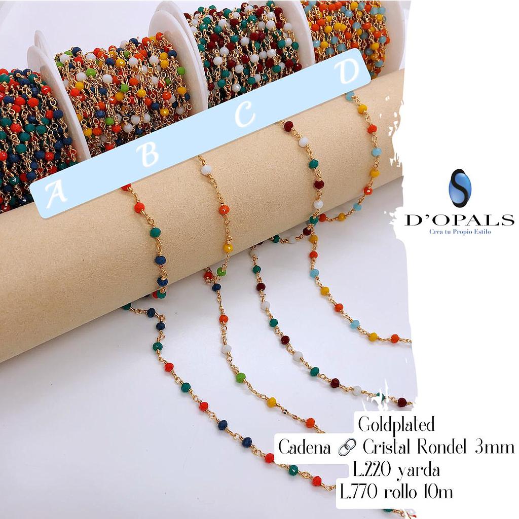 CADENA GOLDPLATED CON CRISTAL RONDEL 3MM ROLLO 10MTS
