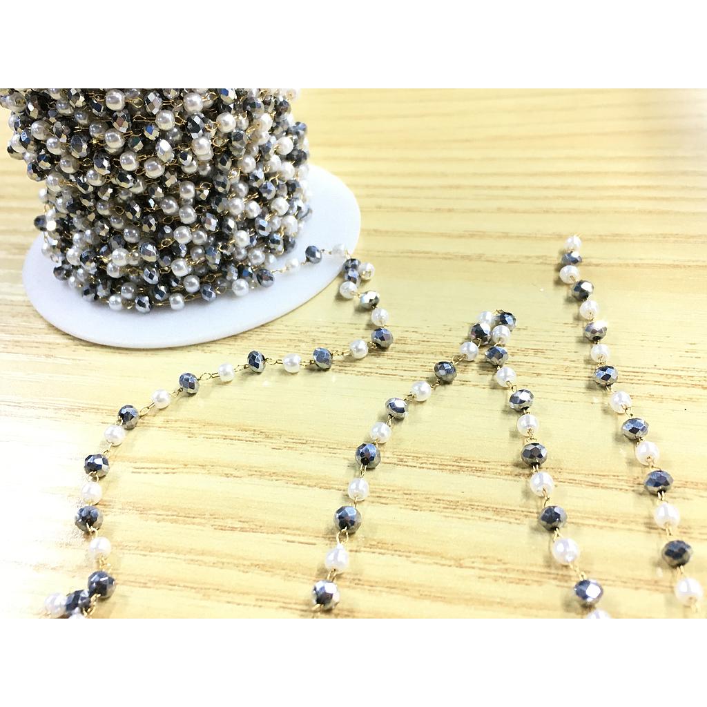 CADENA DE ACERO PERLA Y CRISTAL
