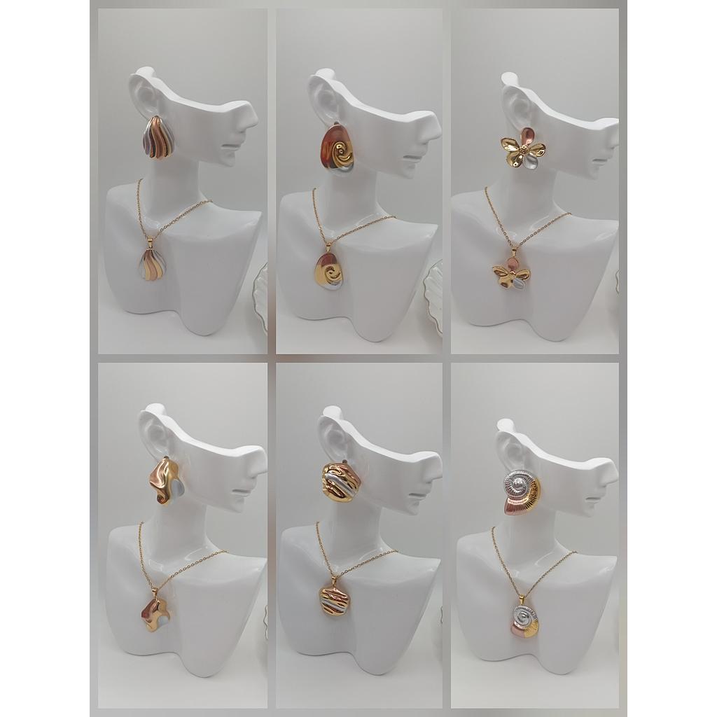 SET ARETES Y CADENA CON DIJE DE ACERO INOXIDABLE